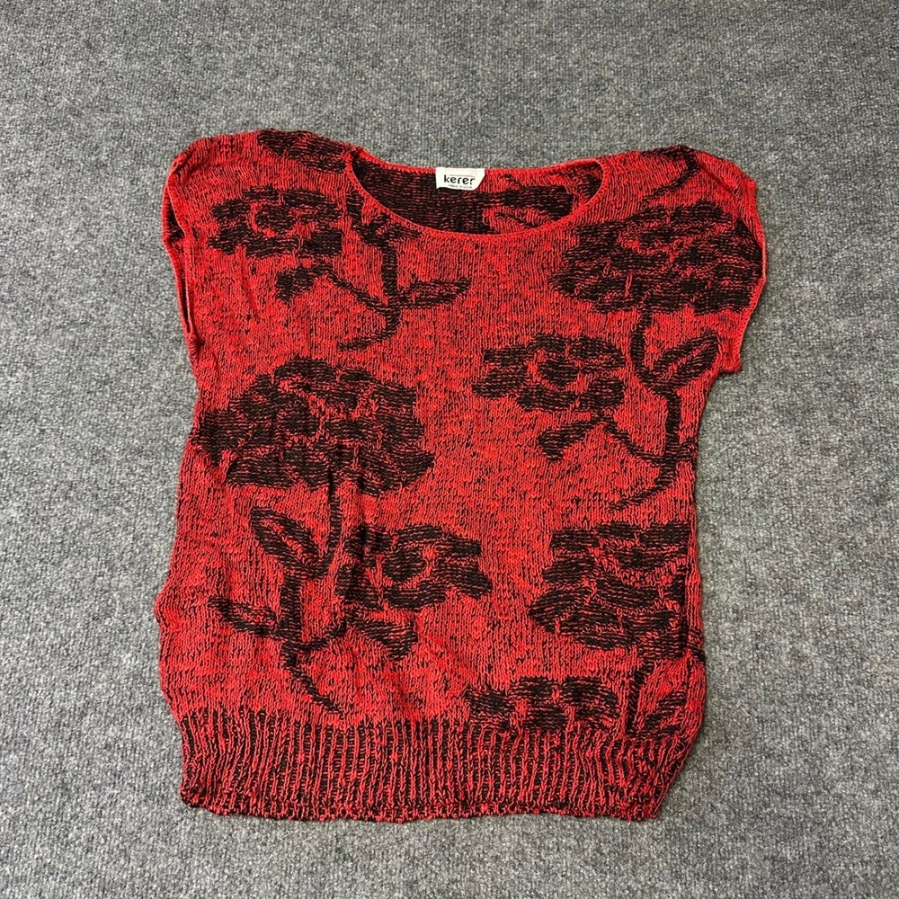 Keren Sweater Vest Womens Size L Red Black Floral Knit Sleeveless Made in USA